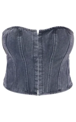 Plus Washed Black Hook And Eye Bandeau Denim Corset