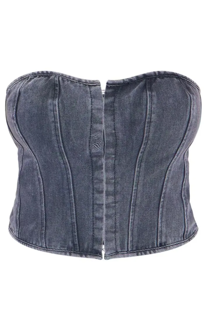 Plus Washed Black Hook And Eye Bandeau Denim Corset