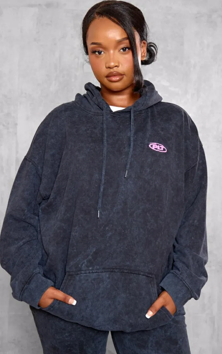 Plus Washed Black Plt Graphic Acid Wash Puff Printed Hoodie