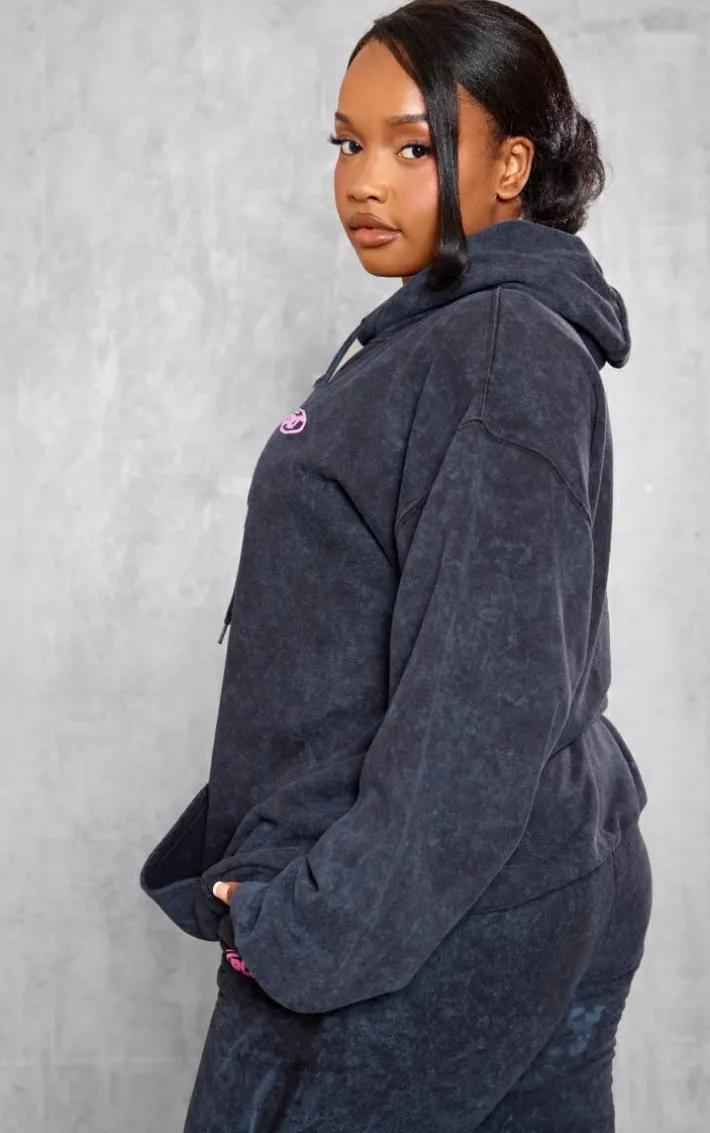 Plus Washed Black Plt Graphic Acid Wash Puff Printed Hoodie