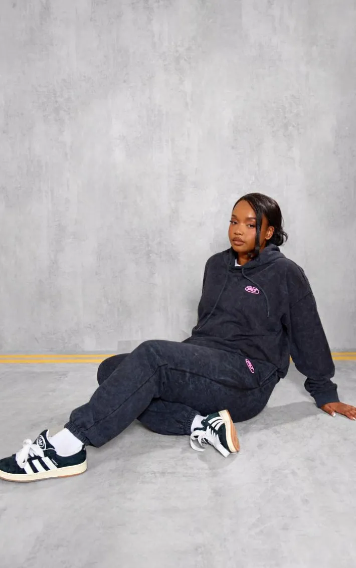 Plus Washed Black Plt Graphic Acid Wash Puff Printed Hoodie