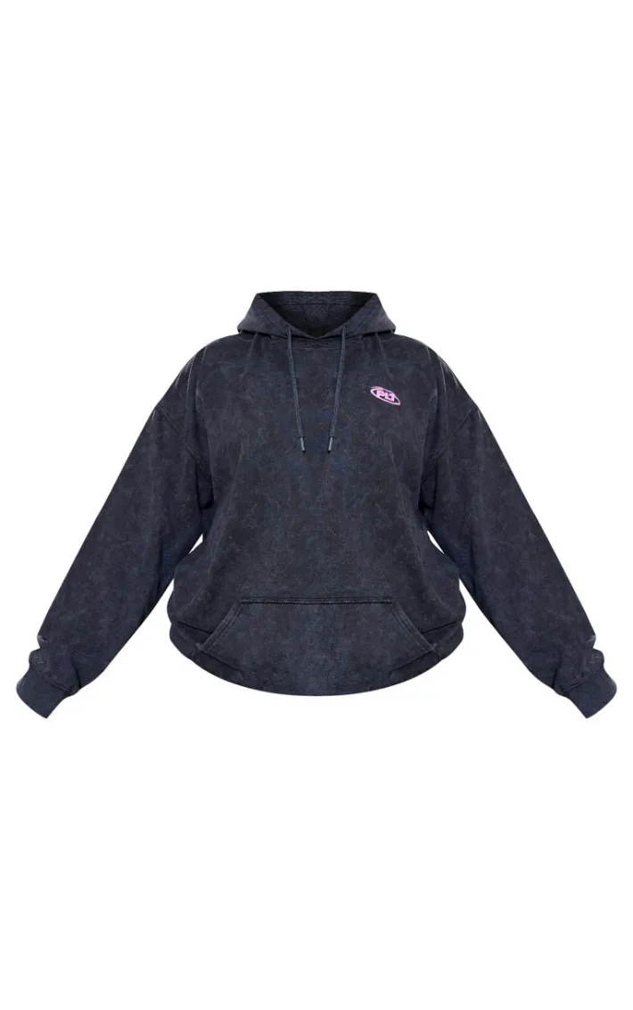 Plus Washed Black Plt Graphic Acid Wash Puff Printed Hoodie