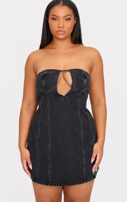 Plus Washed Black Plunge Detail Strapless Denim Mini Dress