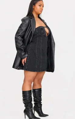 Plus Washed Black Plunge Detail Strapless Denim Mini Dress
