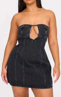 Plus Washed Black Plunge Detail Strapless Denim Mini Dress