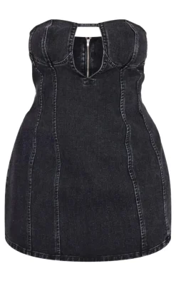 Plus Washed Black Plunge Detail Strapless Denim Mini Dress
