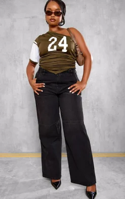 Plus Washed Black Raw Edge Waistband Boyfriend Jeans