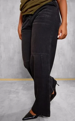 Plus Washed Black Raw Edge Waistband Boyfriend Jeans