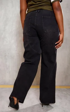 Plus Washed Black Raw Edge Waistband Boyfriend Jeans