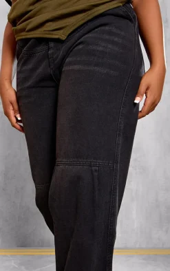Plus Washed Black Raw Edge Waistband Boyfriend Jeans