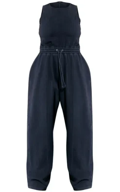 Plus Washed Black Scoop Neck Sweat Wide Leg Jumpsuit