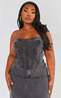 Plus Washed Black Seam Detail Denim Corset