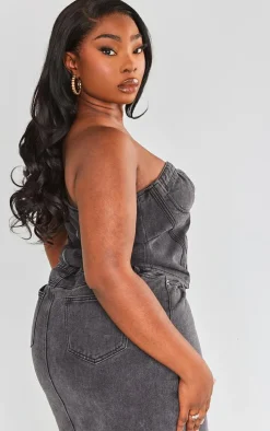 Plus Washed Black Seam Detail Denim Corset