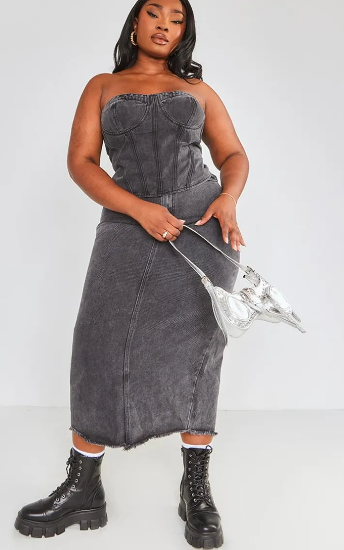 Plus Washed Black Seam Detail Denim Corset