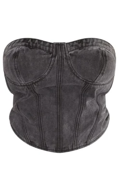 Plus Washed Black Seam Detail Denim Corset