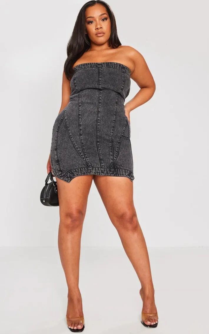 Plus Washed Black Seam Detail Asymmetric Denim Mini Dress