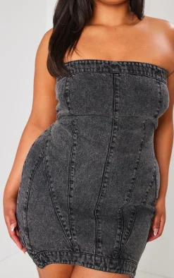 Plus Washed Black Seam Detail Asymmetric Denim Mini Dress