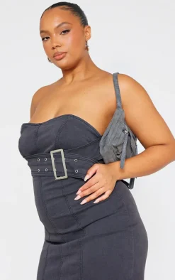 Plus Washed Black Stretch Denim Buckle Detail Bandeau Dress