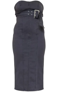 Plus Washed Black Stretch Denim Buckle Detail Bandeau Dress