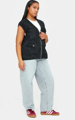 Plus Washed Black Zip Up Denim Cargo Vest