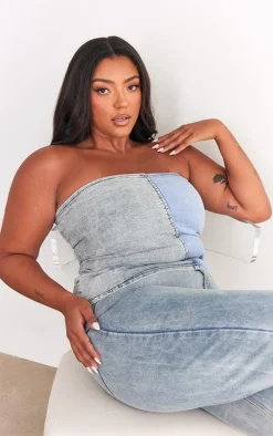 Plus Washed Blue Contrast Stretch Denim Corset Top