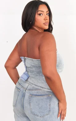 Plus Washed Blue Contrast Stretch Denim Corset Top