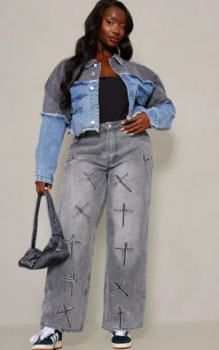 Plus Washed Blue Contrast Panel Crop Denim Jacket
