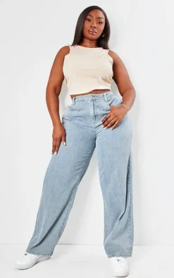 Plus Washed Blue Pinstripe Denim Boyfriend Straight Leg Jeans