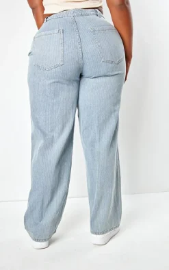 Plus Washed Blue Pinstripe Denim Boyfriend Straight Leg Jeans