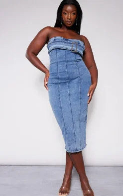 Plus Washed Blue Stretch Denim Buckle Detail Bandeau Dress