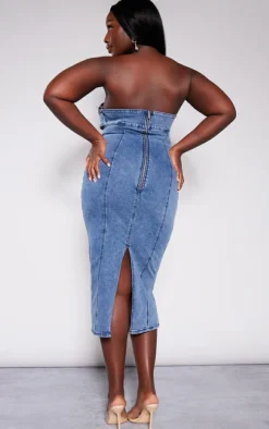 Plus Washed Blue Stretch Denim Buckle Detail Bandeau Dress