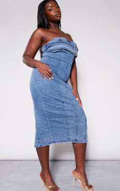 Plus Washed Blue Stretch Denim Buckle Detail Bandeau Dress