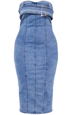 Plus Washed Blue Stretch Denim Buckle Detail Bandeau Dress
