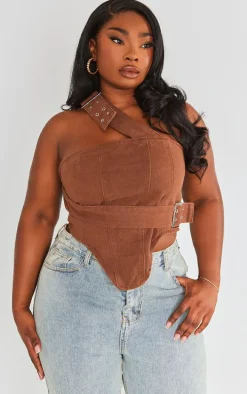 Plus Washed Brown Overdyed Buckle Denim Corset Top