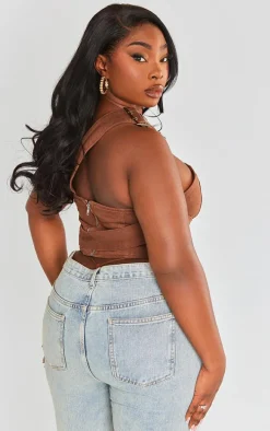 Plus Washed Brown Overdyed Buckle Denim Corset Top