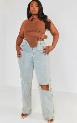 Plus Washed Brown Overdyed Buckle Denim Corset Top