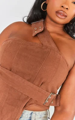 Plus Washed Brown Overdyed Buckle Denim Corset Top
