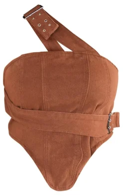 Plus Washed Brown Overdyed Buckle Denim Corset Top