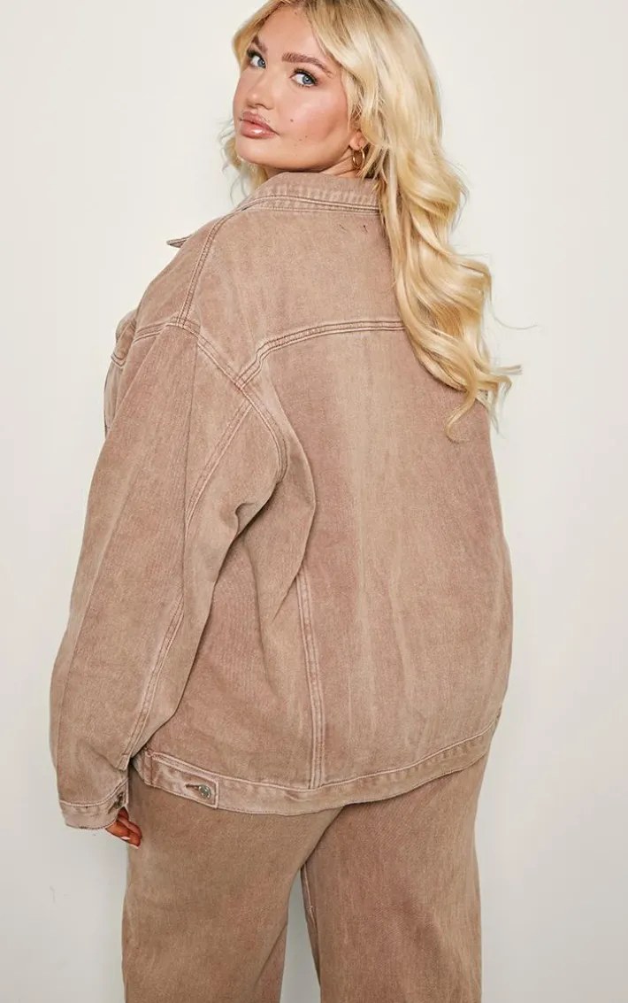 Plus Washed Brown Oversized Boyfriend Denim Jacket
