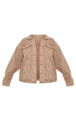 Plus Washed Brown Oversized Boyfriend Denim Jacket
