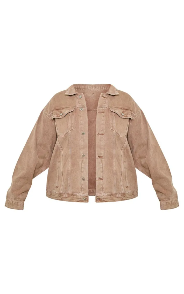 Plus Washed Brown Oversized Boyfriend Denim Jacket
