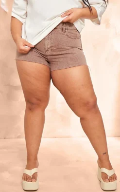 Plus Washed Brown Raw Hem Denim Shorts