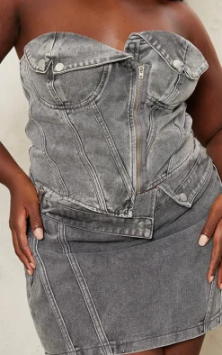 Plus Washed Grey Biker Waistband Detail Denim Mini Skirt