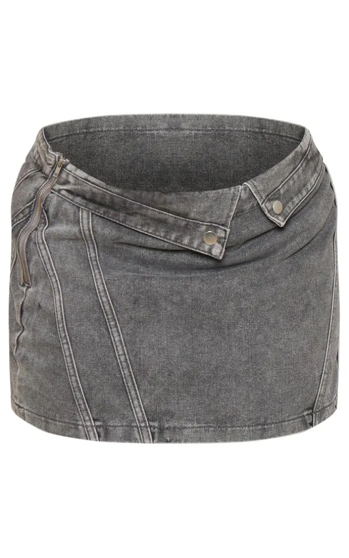 Plus Washed Grey Biker Waistband Detail Denim Mini Skirt