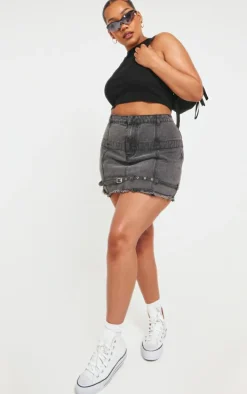 Plus Washed Grey Contrast Waistband Denim Skirt