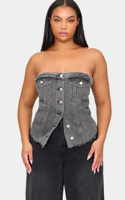 Plus Washed Grey Contrast Seam Detail Pocket Front Corset Bandeau Denim Top