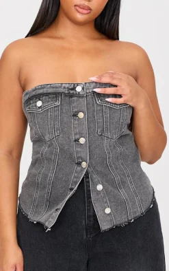 Plus Washed Grey Contrast Seam Detail Pocket Front Corset Bandeau Denim Top