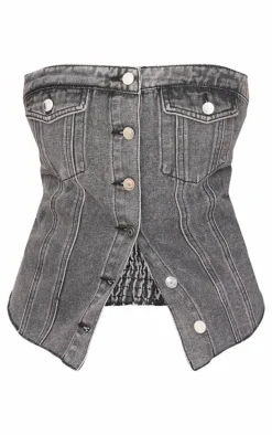 Plus Washed Grey Contrast Seam Detail Pocket Front Corset Bandeau Denim Top