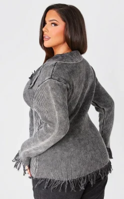 Plus Washed Grey Distressed Knit Split Hem Sweater