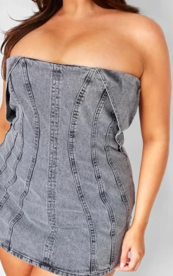 Plus Washed Grey Seam Fold Over Bust Detail Denim Dress